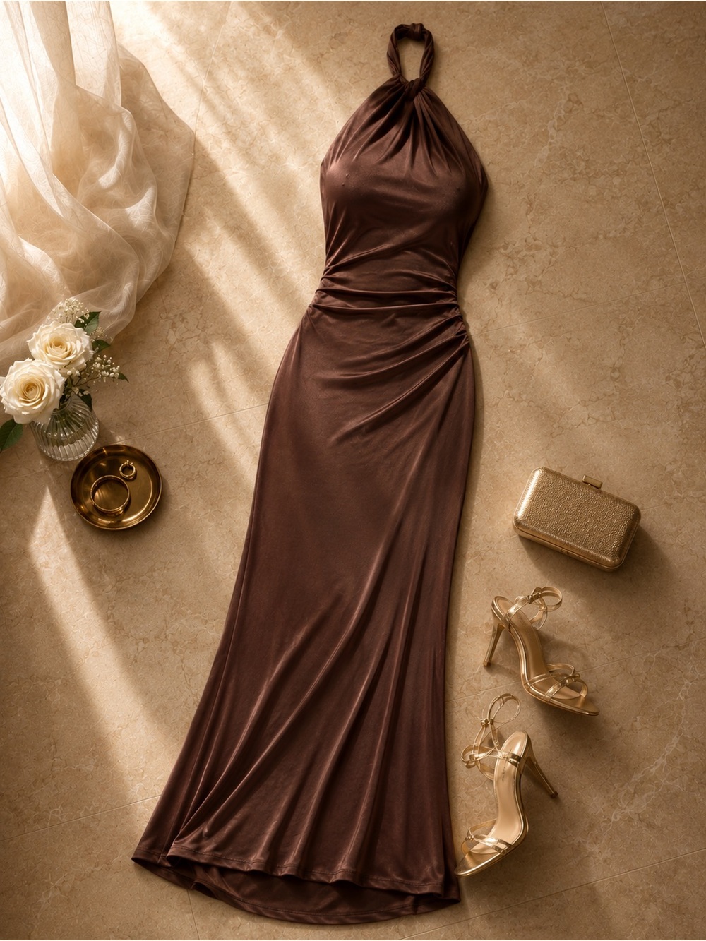 Meshki Chocolate Brown One-Shoulder Halter Maxi Dress